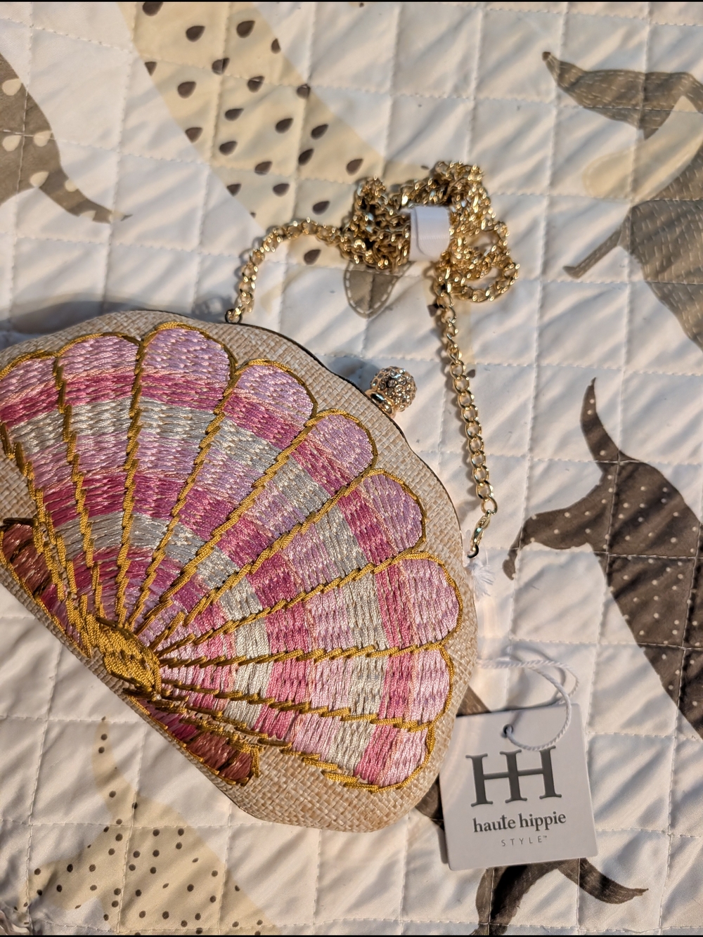 Haute Hippie Pink and Cream Shell Embroidered Crossbody Clutch with Gold Chain